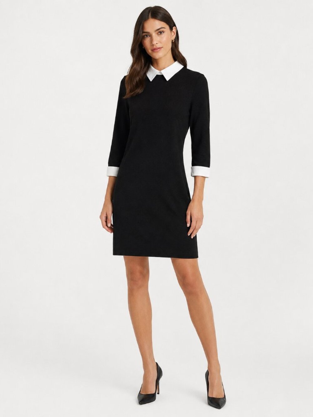 Lauren Ralph Lauren Black White Collared Knit Sweater Dress XL 3/4 Sleeve Career